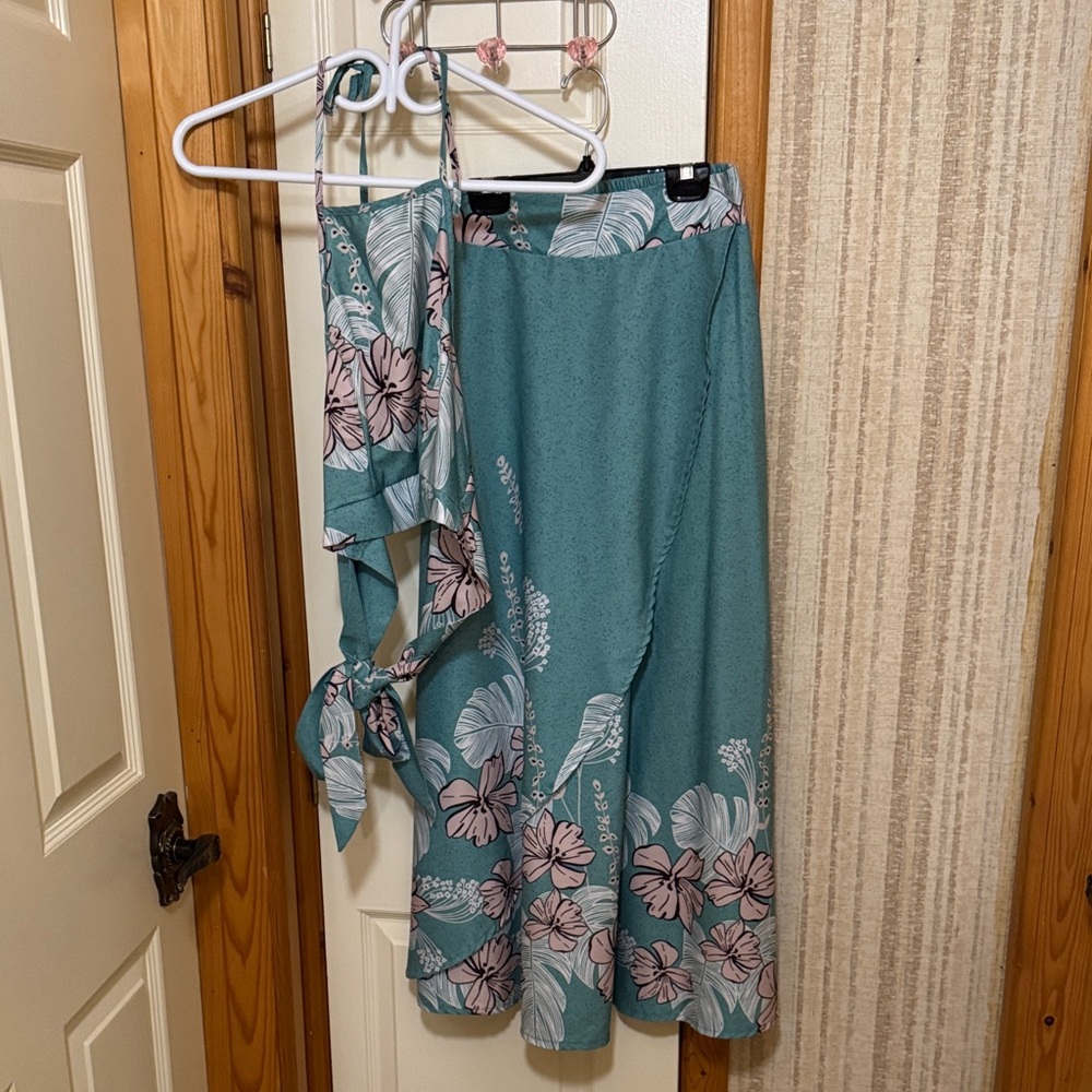 Floral Teal Wrap Skirt and Top Set